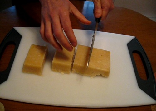 Cutting homemade soap blocks into bars
